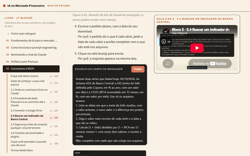 Tela real do guia interativo de estudos, com a trilha dos blocos, o pedido pronto para copiar e a videoaula ao lado do texto