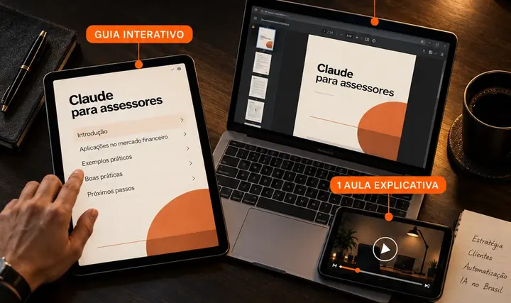 O bônus nos três formatos: guia interativo no tablet, guia em PDF no computador e aula no celular